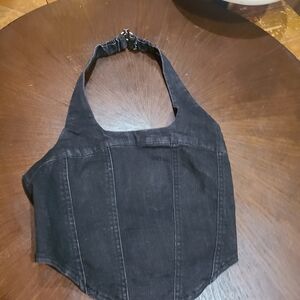 Black Denim Halter Crop Top with Adjustable Back Clasp